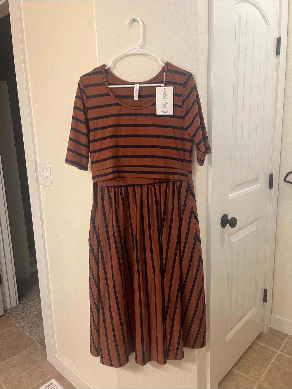 Latched Mama Brown and Navy Striped Midi Nursing Dress